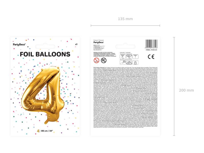Balon foliowy Cyfra ''4'', 86cm, złoty