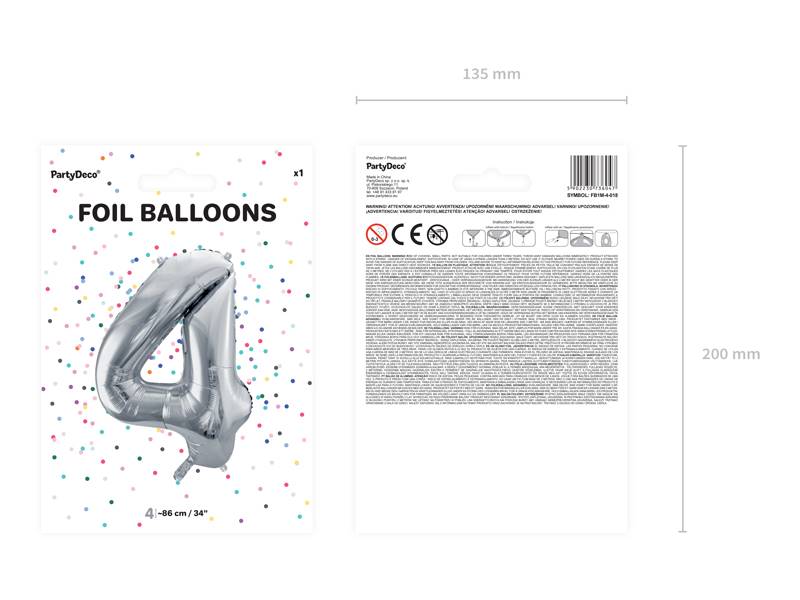 Balon foliowy Cyfra ''4'', 86cm, srebrny