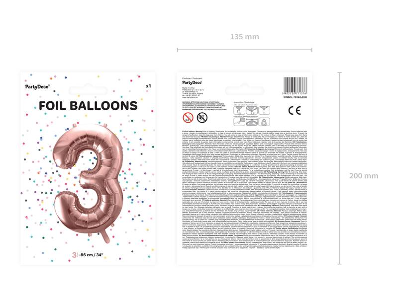 Balon foliowy Cyfra ''3'', 86cm, różowe złoto