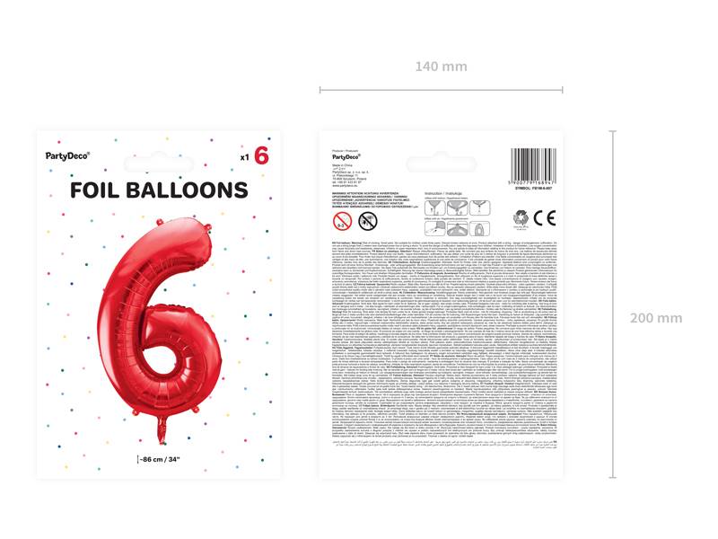 Balon foliowy Cyfra ''6'', 86cm, czerwony