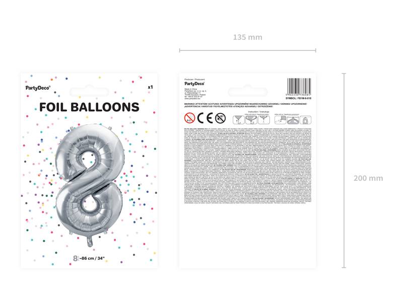 Balon foliowy Cyfra ''8'', 86cm, srebrny