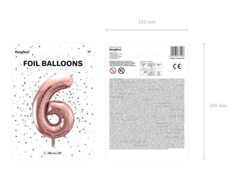 Balon foliowy Cyfra ''6'', 86cm, różowe złoto