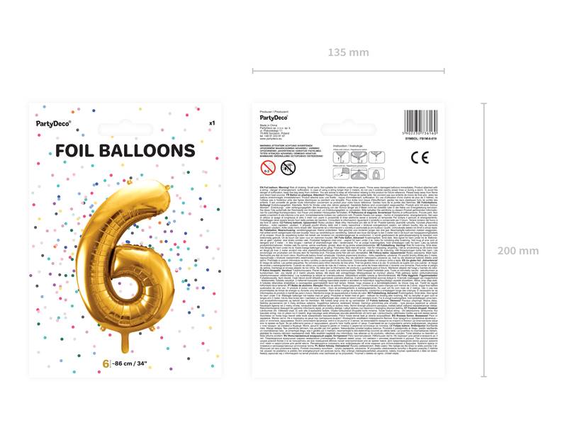 Balon foliowy Cyfra ''6'', 86cm, złoty