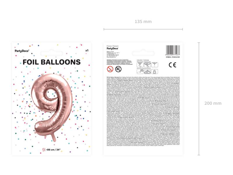 Balon foliowy Cyfra ''9'', 86cm, różowe złoto