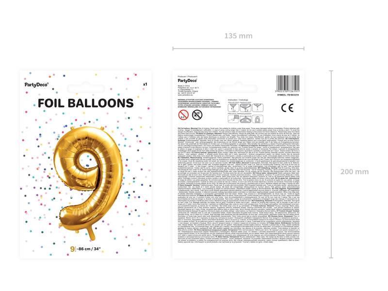Balon foliowy Cyfra ''9'', 86cm, złoty