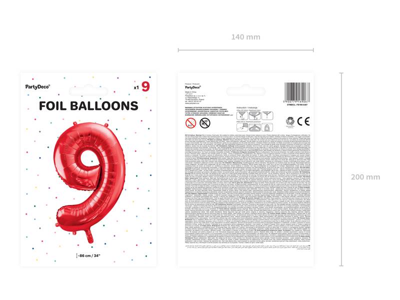 Balon foliowy Cyfra ''9'', 86cm, czerwony