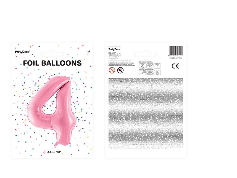 Balon foliowy Cyfra ''4'', 86cm, różowy