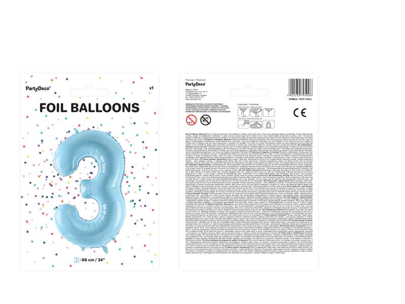 Balon foliowy Cyfra ''3'', 86cm, jasny niebieski