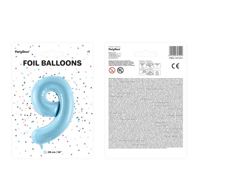 Balon foliowy Cyfra ''9'', 86cm, jasny niebieski