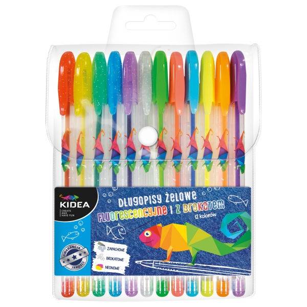 Długopisy fluorescencyjne i żelowe KIDEA 12 kol.