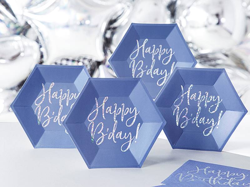 Talerzyki Happy B'day!, granatowy, 20cm 1op./6 szt