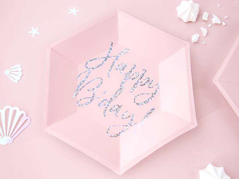 Talerzyki Happy B'day!, j. pudr. róż, 20cm 1op/6sz