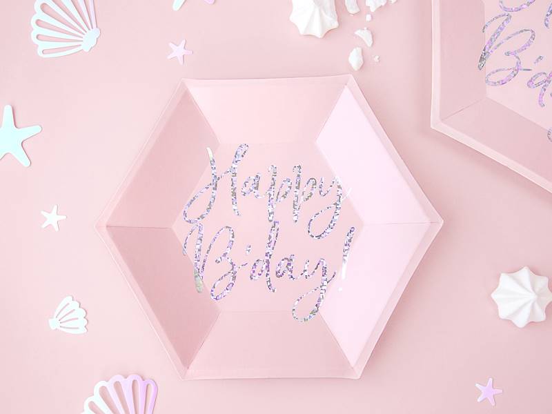 Talerzyki Happy B'day!, j. pudr. róż, 20cm 1op/6sz