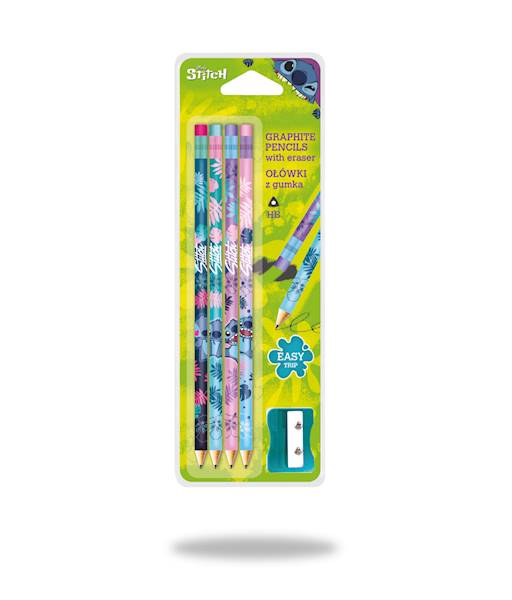 Ołówki trójkątne z gumką 4 szt. +temperówka Stitch