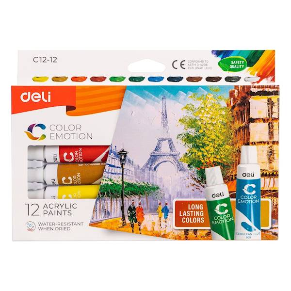 Farby akrylowe Deli 12 kolorów 12ml w tubie
