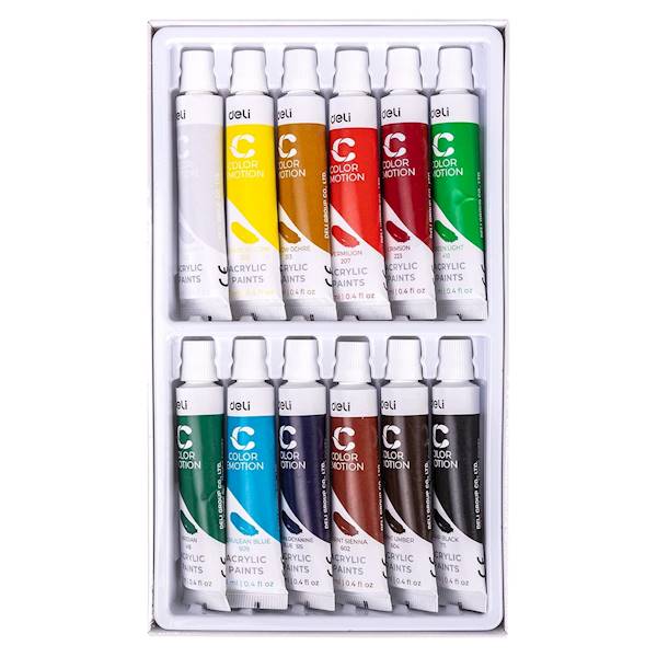 Farby akrylowe Deli 12 kolorów 12ml w tubie