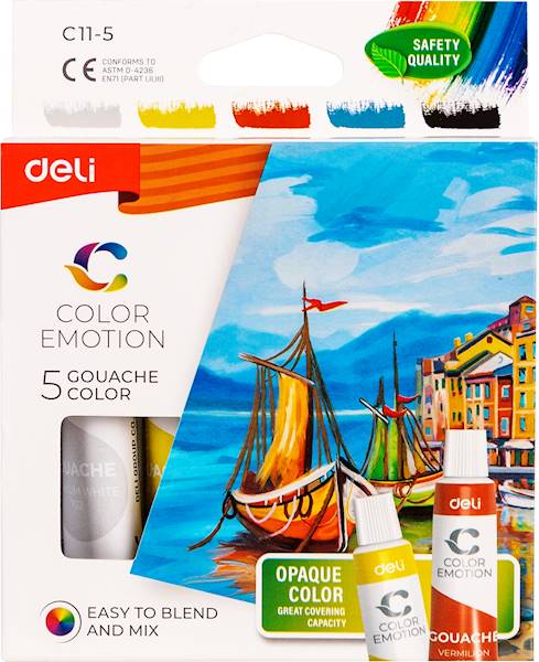 Farby gwaszowe Deli 5 kolorów 12 ml w tubie