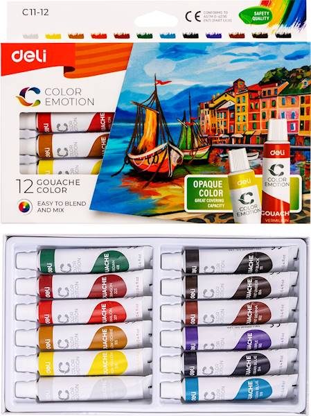 Farby gwaszowe Deli 12 kolorów 12 ml w tubie
