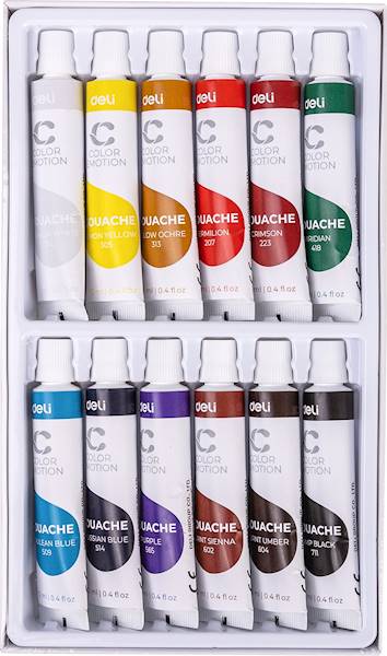 Farby gwaszowe Deli 12 kolorów 12 ml w tubie
