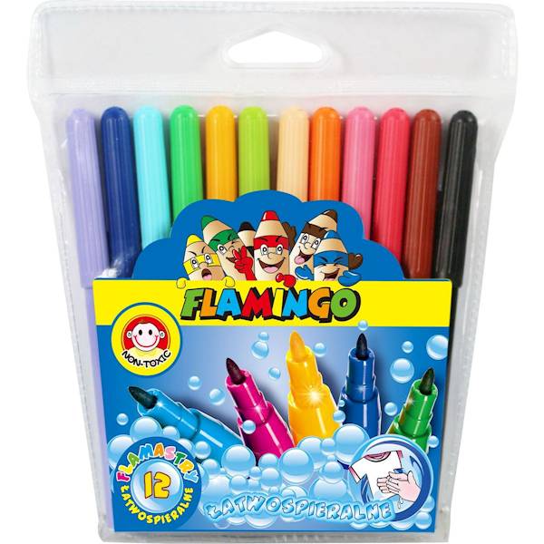 Flamastry Flamingo łatwospieralne 12 kolorów