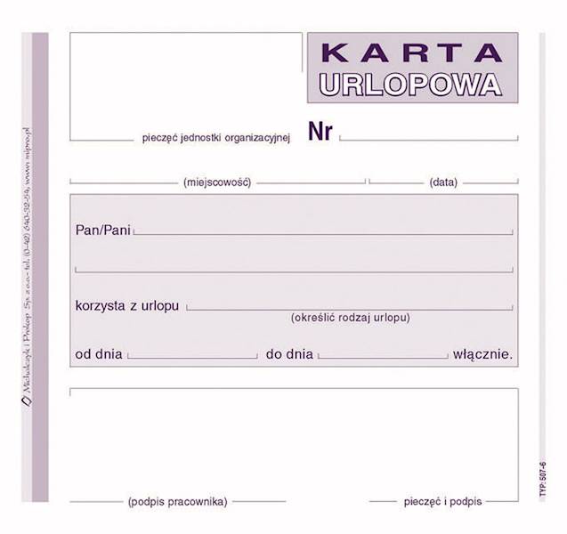 Karta urlopowa 2/3 A4 Typ 507-6