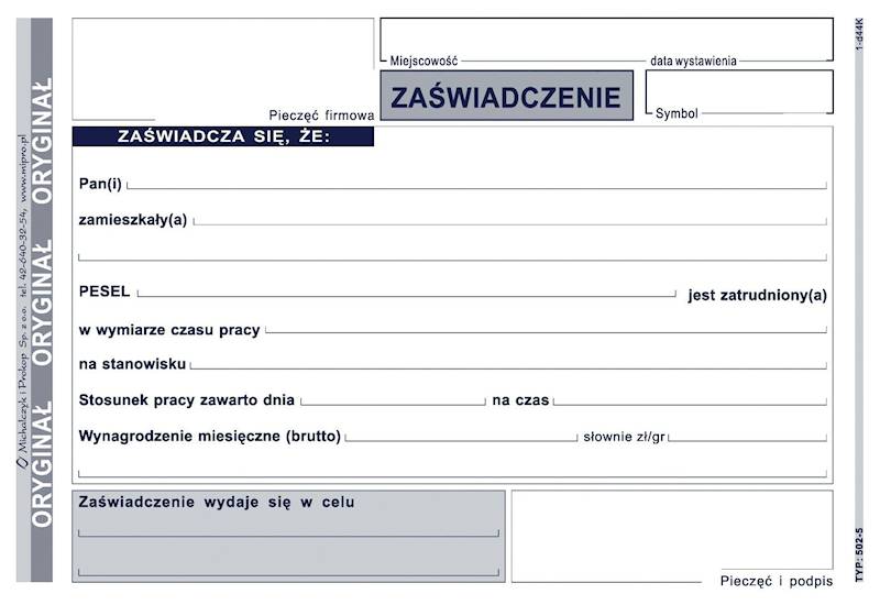 Zaświadczenie o zatrudnieniu A6 80k 502-5