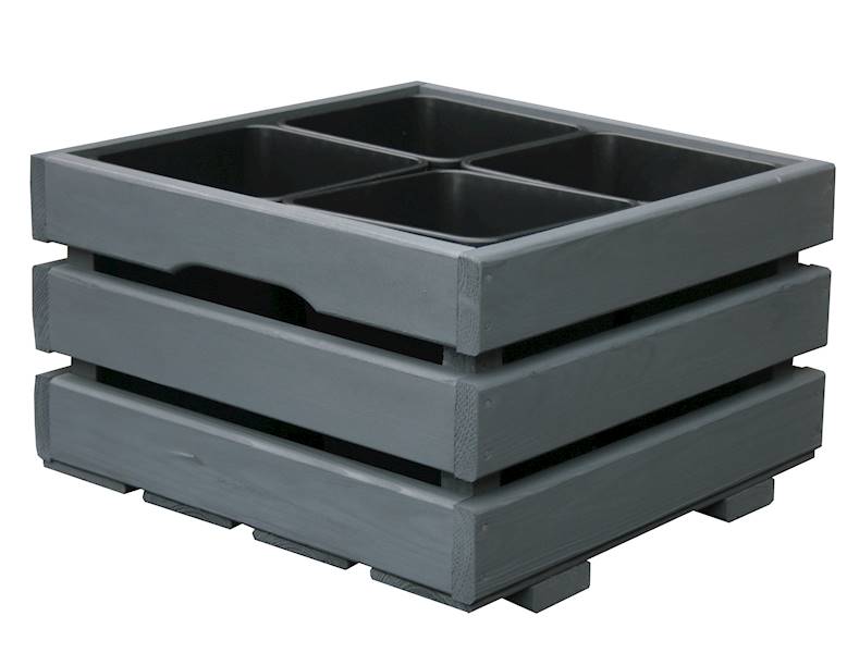 Skrzynka z deski struganej 44x44x26 cm, na 4 wkłady małe, lazura szara