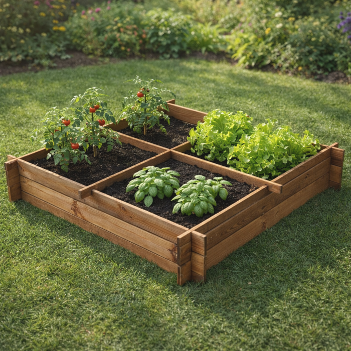 Warzywnik/ kwietnik węgłowy z krzyżem 120x120x22 cm, impregnacja brązowowa