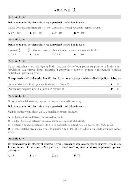 Zestaw arkuszy egzaminacyjnych z matematyki po szkole podstawowej.
