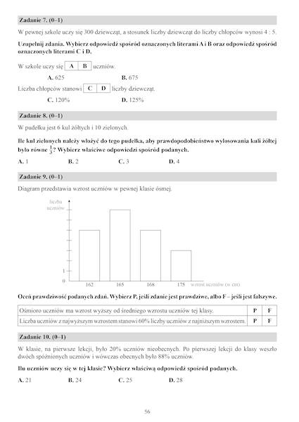Zestaw arkuszy egzaminacyjnych z matematyki po szkole podstawowej.