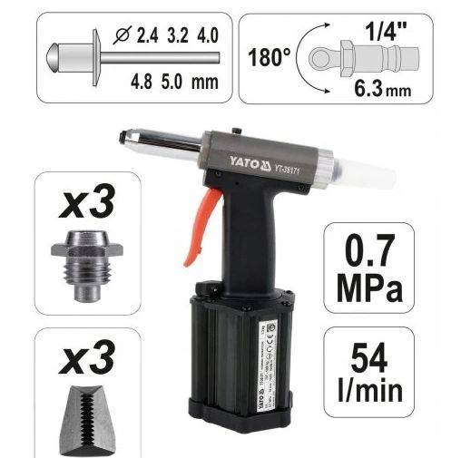 Nitownica pneumat.  2,4-5,0mm 850kg Yato
