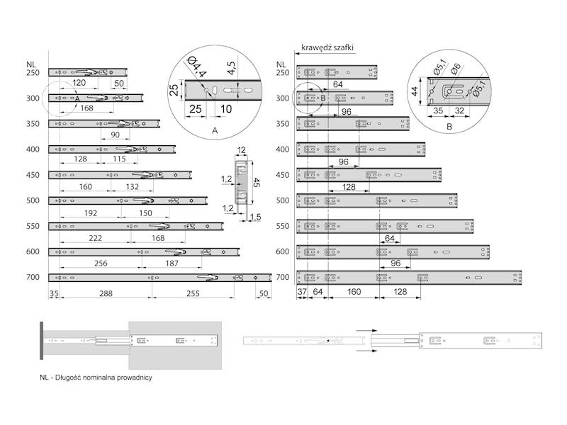 Prowadnica kulk.PK-112-700 p/wys z miękkim domykie
