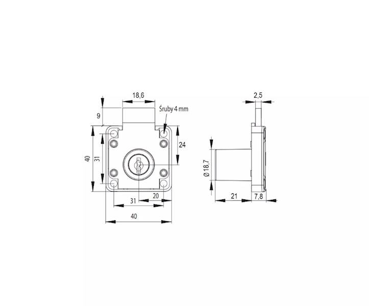 Zamek meblowy kwadratowy z kluczem łamanym