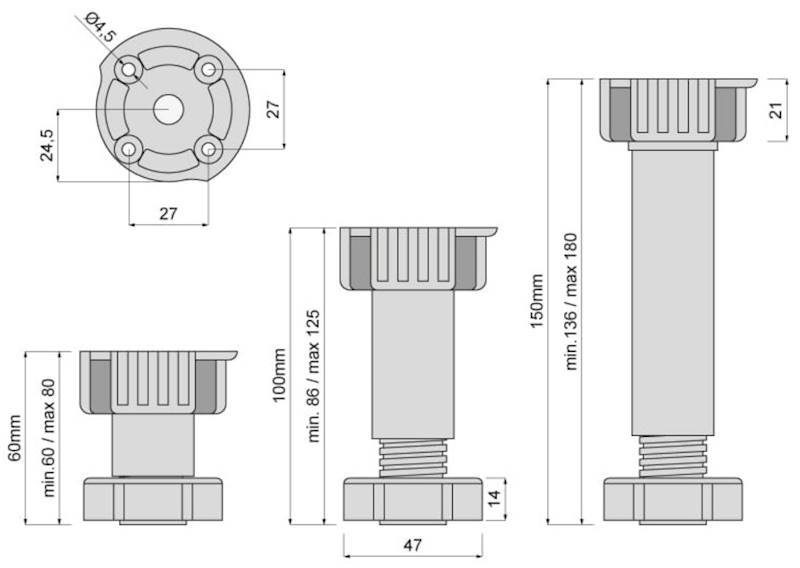 Nóżka reg.kuch.H-150 3-częś.