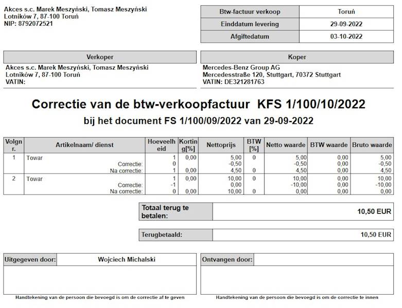 Wzorzec wydruku Korekty Faktury Sprzedaży w Języku Niderlandzkim Subiekt nexo PRO