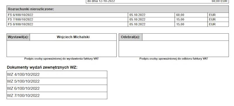Wzorzec wydruku Faktury Sprzedaży z listą WZ i listą nierozliczonych rozrachunków Subiekt nexo  PRO