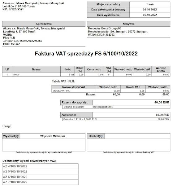 Wzorzec wydruku Faktury Sprzedaży z listą Wydań WZ Subiekt nexo PRO