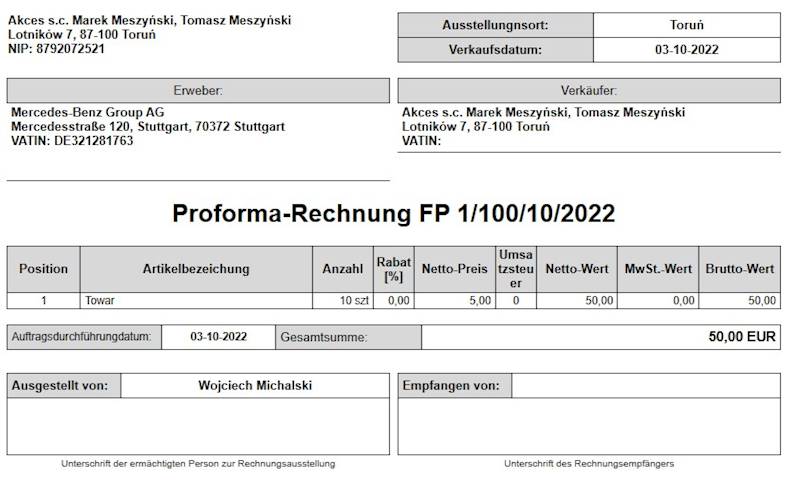 Wzorzec wydruku Faktury Proformy w Języku Niemieckim Subiekt nexo PRO