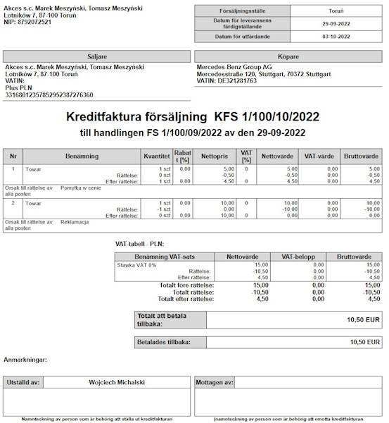 Wzorzec wydruku Korekty Faktury Sprzedaży w Języku Szwedzkim Subiekt nexo PRO