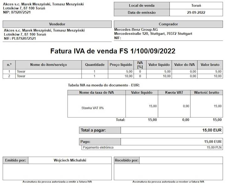 Wzorzec wydruku Faktury Sprzedaży w Języku Portugalskim Subiekt nexo PRO