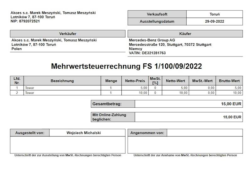 Wzorzec wydruku Faktury Sprzedaży przygotowana na rynek Austriacki Subiekt nexo PRO