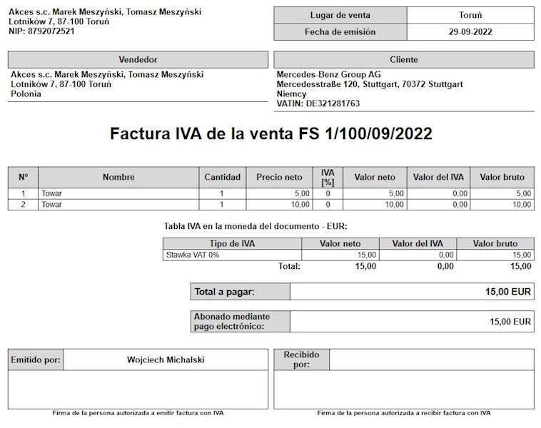Wzorzec wydruku Faktury Sprzedaży w Języku Hiszpańskim Subiekt nexo PRO