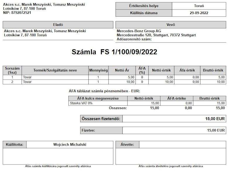 Wzorzec wydruku Faktury Sprzedaży w Języku Węgierskim Subiekt nexo PRO