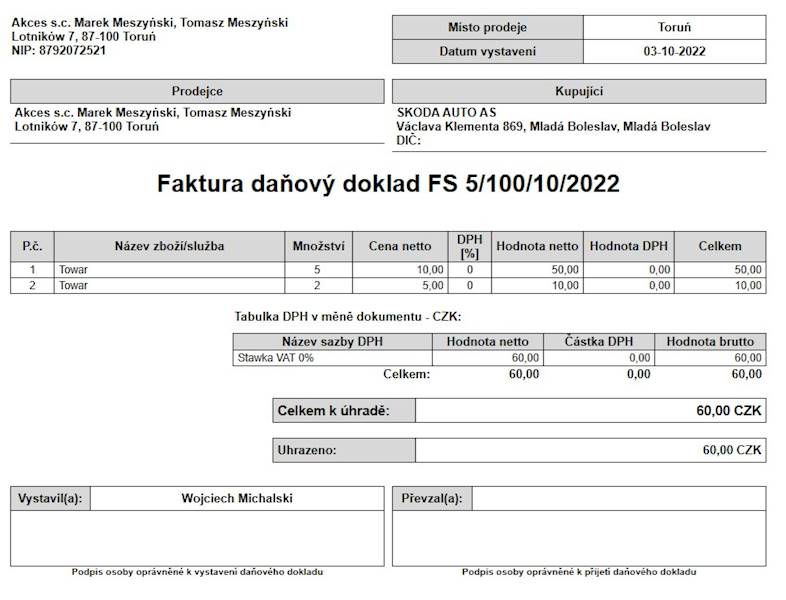 Wzorzec wydruku Faktury Sprzedaży w Języku Czeskim Subiekt nexo PRO
