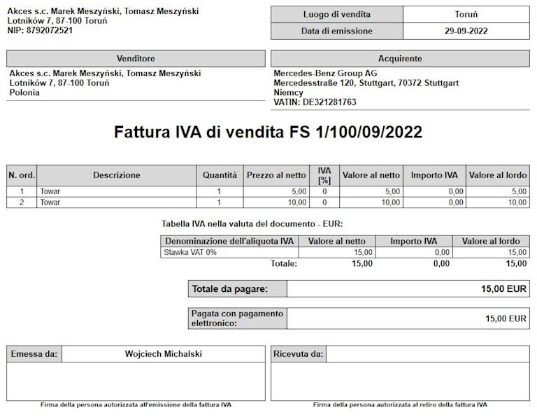 Wzorzec wydruku Faktury Sprzedaży w Języku Włoskim Subiekt nexo  PRO