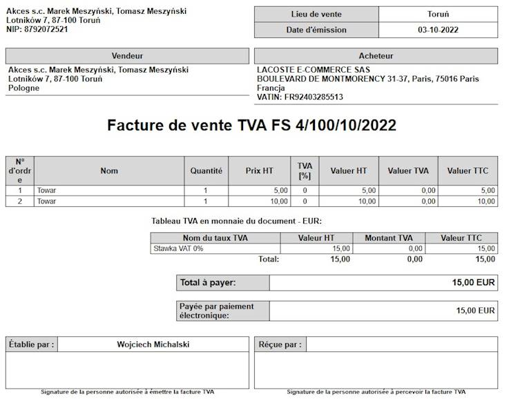 Wzorzec wydruku Faktury Sprzedaży w Języku Francuskim Subiekt nexo PRO