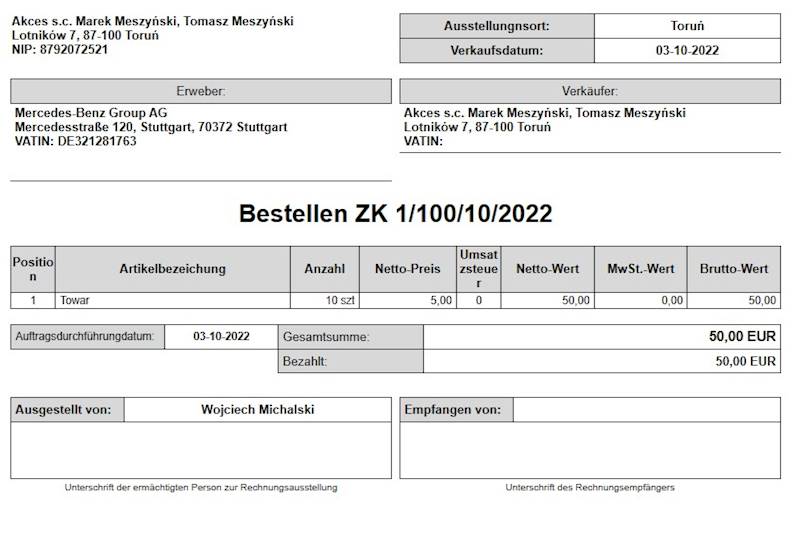 Wzorzec wydruku Zamówienia klienta w Języku Niemieckim Subiekt nexo PRO