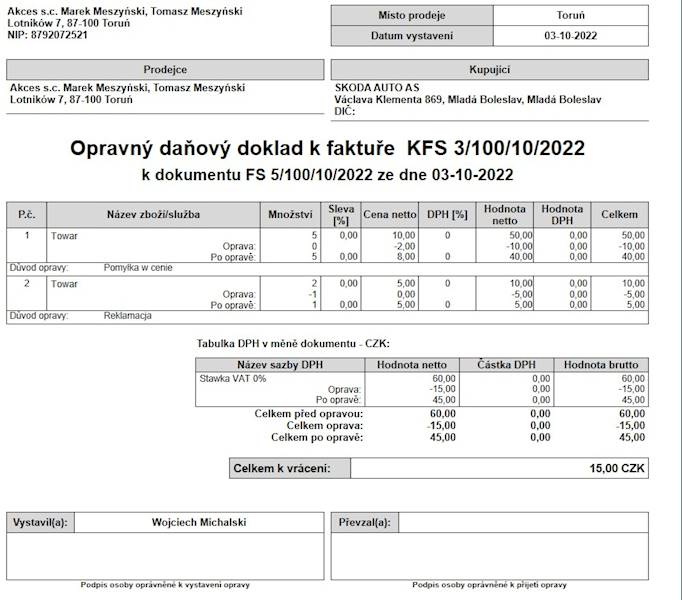 Wzorzec wydruku Korekty Faktury Sprzedaży w Języku Czeskim Subiekt nexo PRO