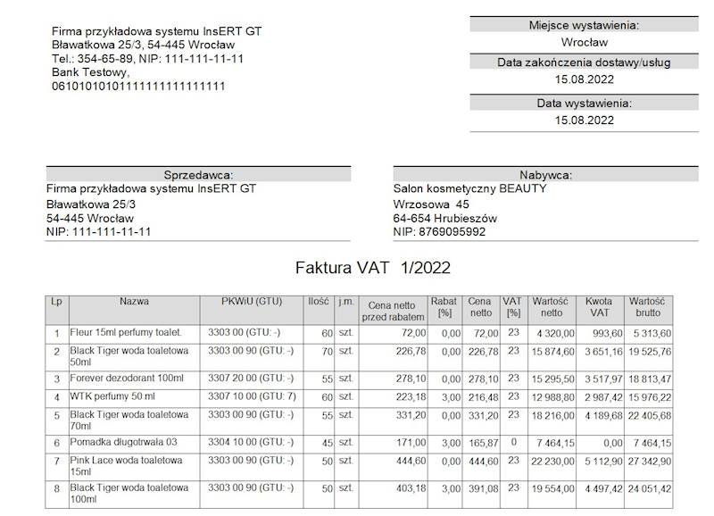 Wzorzec wydruku Faktury Sprzedaży z GTU na pozycjach GT
