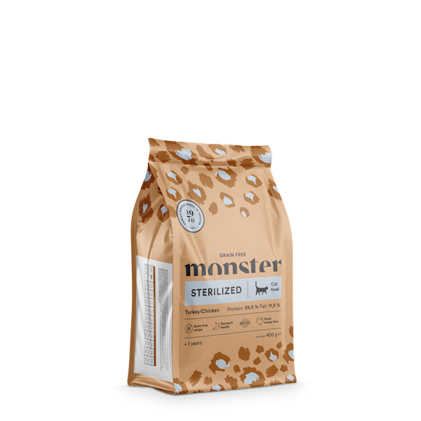 MONSTER CAT GRAIN FREE STERILIZED TURKEY/CHICKEN (KURCZAK Z INDYKIEM DLA KOTÓW STERYLIZOWANYCH) 400G
